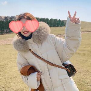 Women's Cream Puffer Jacket with Fur Collar